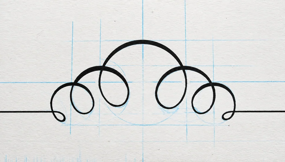 Inked ornamental flourish over blue pencil guides