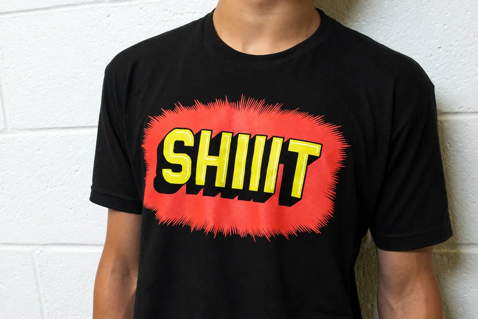Black T-shirt with yellow SHIIIT lettering on a red burst