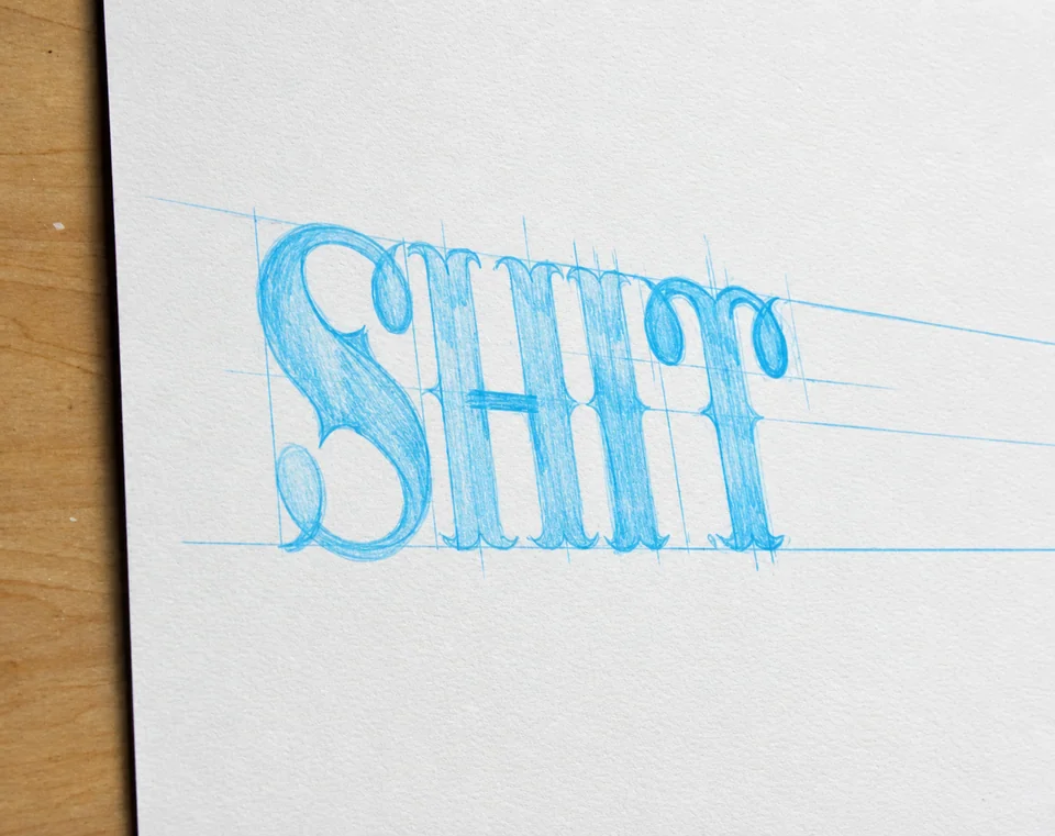 Blue pencil sketch of decorative swear-word lettering
