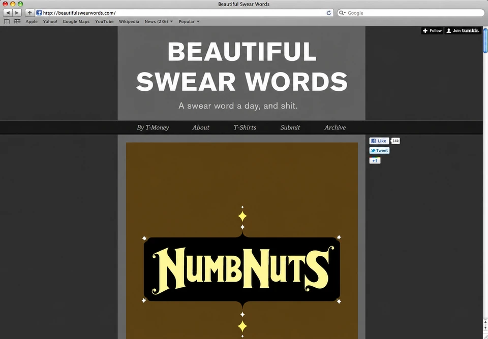 Original Beautiful Swear Words Tumblr website showing the NumbNuts lettering