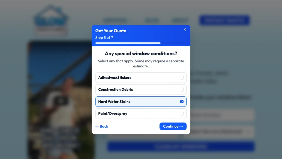Custom quote form showing conditional window-cleaning questions with Hard Water Stains selected