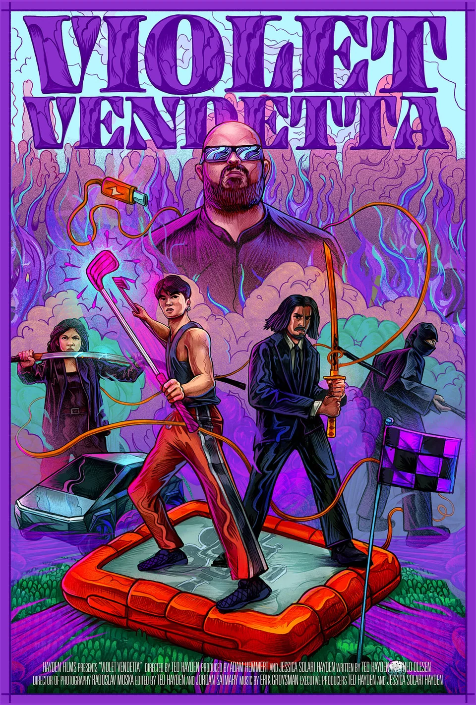 Violet Vendetta illustrated film poster with purple lettering and its cast of action characters