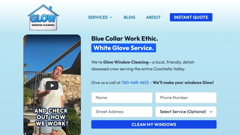 Glow Window Cleaning homepage with introductory video and quote form