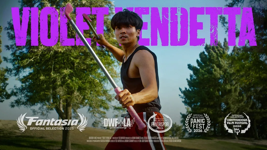 Brandon Lee in Violet Vendetta with the film title and festival laurels